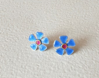 blau emaillierte Ohrstecker in 925 Silber Blüten Emailleblüten blaues Emaille transparent und rot 750 Gold Emailleschmuck