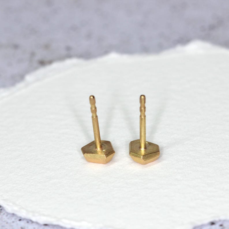 Op de afbeelding: Twee goudkleurige oorstekers met een zeshoekige vorm. De pinnen zijn zichtbaar en de oorbellen staan tegen een witte achtergrond. De oorbellen zijn klein en delicaat, geschikt voor dagelijks gebruik.