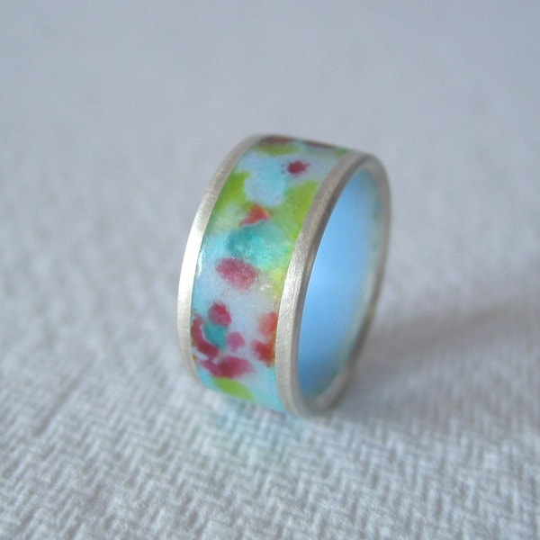 Enamel ring silver band ring colorful enameled harlequin serie