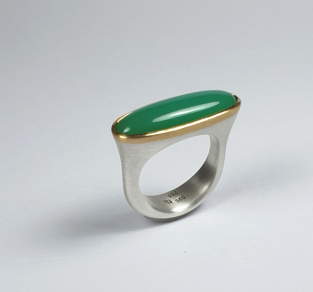 Chrysoprase Ring Long Oval Stone 925 Silver 750 Gold Set Crosswise ...