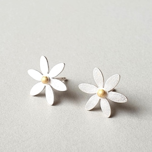Op de afbeelding: Een paar bloemvormige oorstekers. Elke oorbel heeft een zilverkleurige bloem met vijf bloemblaadjes en een goudkleurig centrum. De oorbellen staan op een lichtgrijze achtergrond.