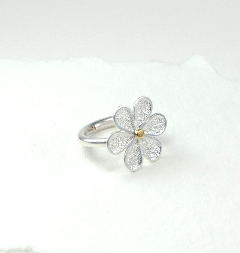 May include: A silver ring featuring a daisy flower design. The flower has five petals with a textured, glittery appearance and a small gold-colored center. The ring band is smooth and silver.