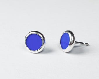 bright blue enamelled ear studs from silver
