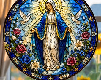 Virgin Mary Stained Glass Suncatcher, Religious Window Hanging, Christian Art Decor, Dove Rose Sun Catcher Gift