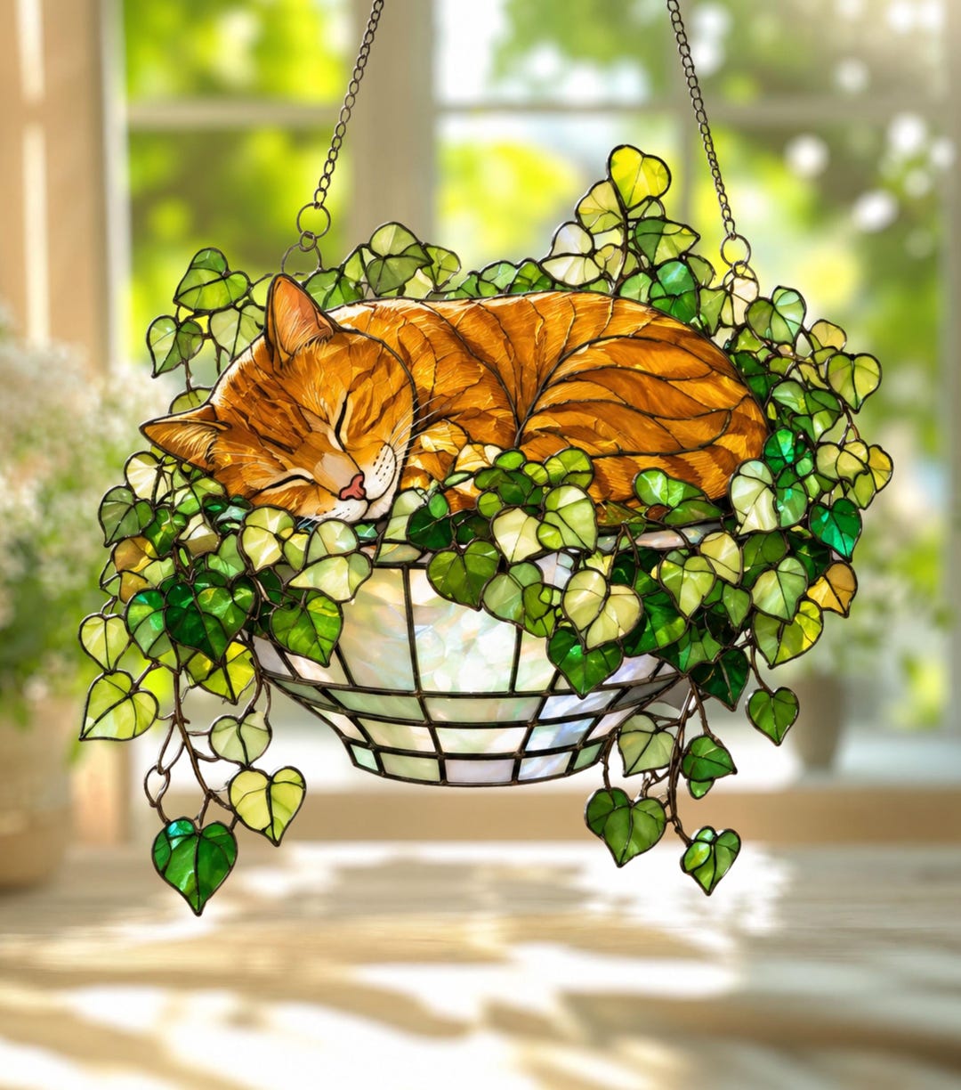 Orange Cat Monstera Suncatcher: Fade Resistant Acrylic Window Hanging ...