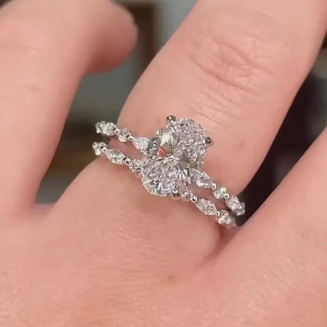 2CT Oval Cut Moissanite Engagement Bridal Set | 14K Solid Gold Wedding ...