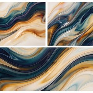 May include: A digital art composition featuring three panels with a fluid marble pattern. The design displays swirling waves of deep navy blue, warm golden amber, and creamy off-white colors, creating a smooth, glossy, and continuous liquid effect.