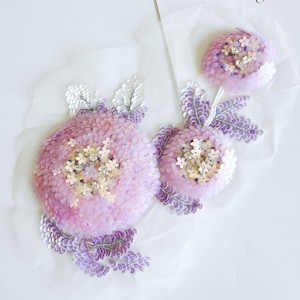 Französischer Tambour Pailletten Hortensien Aufnäher, Farbverlauf Perlen Blumen Applikation | Als Applikation für Couture und als Brautmode zum aufnähen
