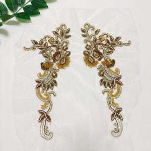 French Tambour Glass Crystal Beaded Floral Vines Patch, Two-Pair Brown Gold Applique | For Couture Dress, Bridal Gown & Jacket Embellishment