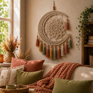 Op de afbeelding: Een beige macramé halve maan wandhanger met een centraal mandala-ontwerp en kleurrijke kwastjes. De wanddecoratie wordt getoond boven een bank met kussens en een deken in tinten oranje en groen. Een vaas met droogbloemen staat bij een raam.