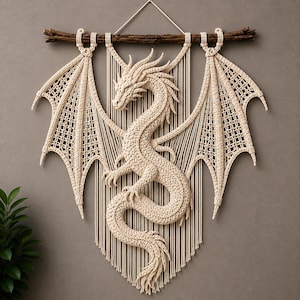 Puede incluir: Un tapiz de macramé color crema que presenta una figura de dragón central con intrincados detalles de ganchillo y grandes alas extendidas. El dragón está suspendido de una rama de madera oscura y texturizada con un cordón blanco.