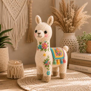 Pode incluir: Figura de lhama de crochê em creme com detalhes florais bordados em rosa, azul e amarelo. A lhama tem uma manta colorida com borlas e olhos pretos. A figura tem aproximadamente 30 cm de altura.