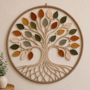 May include: A circular macrame wall hanging featuring a tree design with braided rope branches and roots. The tree is adorned with numerous leaf-shaped macrame elements in shades of rust orange, mustard yellow, sage green, and cream, accented by small wooden beads.