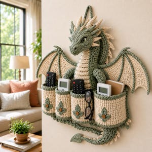May include: A wall-mounted crochet dragon organiser featuring a sage green and cream colour scheme. The dragon has large wings and four cylindrical pockets for storage, currently holding remote controls, a notebook, and a pair of black glasses.
