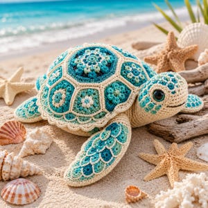 Può includere: Un peluche a forma di tartaruga marina realizzato all'uncinetto, con un guscio composto da intricati quadrati granny a motivi floreali nei toni del verde acqua, turchese e crema. La testa e le pinne sono in filato color crema con occhi scuri.