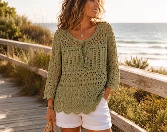Patrón de top de crochet con encaje estilo bohemio, blusa de crochet de verano para mujer, tutorial para pareo de playa, descarga digital.
