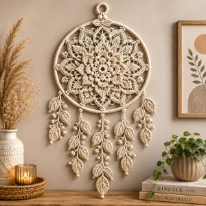Patrón PDF de atrapasueños de ganchillo para colgar en la pared, patrón de mandala para decoración de pared, decoración bohemia para el hogar, atrapasueños floral, descarga instantánea.