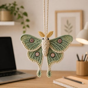 Peut inclure: Ornement de papillon en crochet fait à la main, avec des ailes vertes et crème, orné de détails circulaires. Le papillon est suspendu par un cordon crème. Les ailes présentent un motif détaillé, et le corps du papillon est crème avec des accents jaunes.