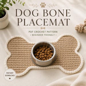 Virkmönster för bordsunderlägg med hundben i PDF-format, virkmönster för matmatta för husdjur, nybörjarvänlig bordsunderlägg för hundskål, direktnedladdning