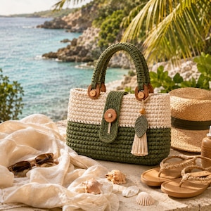 May include: A two-toned crochet handbag featuring a dark olive green base and a cream-coloured upper section. The bag includes a dark olive green handle, a central vertical strap with a wooden button closure, and a decorative leaf-shaped tassel charm.