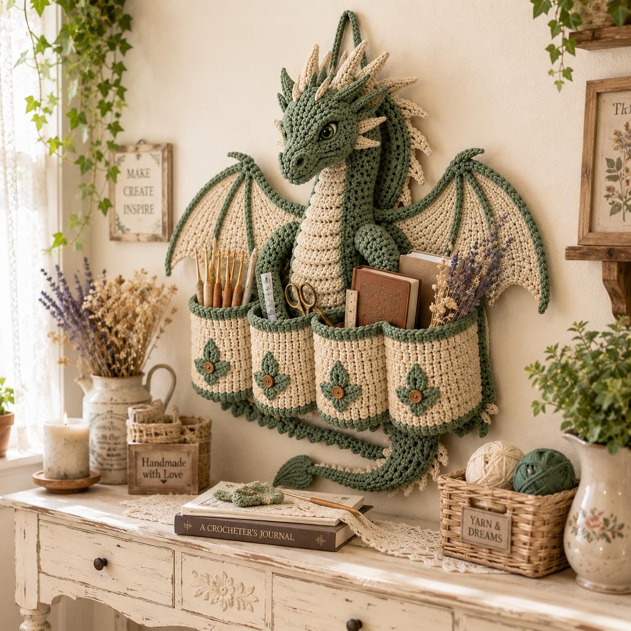 Dragon Wall Organizer Crochet Pattern PDF, Fantasy Dragon Remote