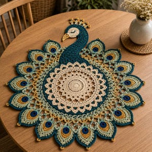 May include: A circular crochet doily shaped like a peacock with a central cream-coloured mandala pattern. The peacock head and neck are dark teal with a yellow beak and crest. The tail feathers feature intricate teal, light green, and blue accents.