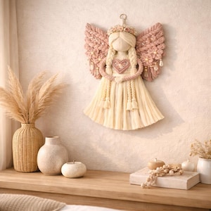 May include: A handcrafted wall hanging angel with pink wings and a cream-colored dress. The angel has a heart-shaped design on the chest and a floral crown. The angel is made of woven materials and is a decorative item.