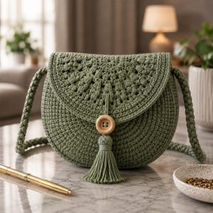 May include: A sage green crochet crossbody bag with a rounded flap featuring a textured stitch pattern. The bag includes a thick braided strap, a central light wood button closure, and a matching green yarn tassel hanging from the front center.