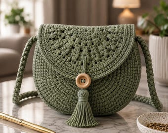 Puede incluir: Un bolso bandolera de ganchillo en color verde salvia con una solapa redondeada que presenta un patrón de puntos texturizados. El bolso incluye una correa trenzada gruesa, un cierre central de botón de madera clara y una borla de hilo verde.