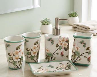 Ceramic Floral Bathroom Accessories Set: Botanical Vanity Decor, Elegant Green Trim