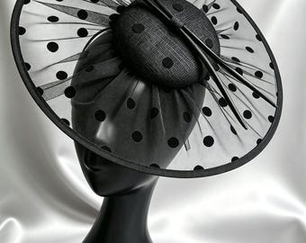 Black Polka Dot Fascinator Hat, Kentucky Derby Hat Large Brim, Audrey Hepburn Vintage Wedding Guest Headpiece, Royal Ascot Church Millinery