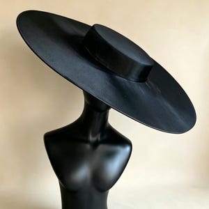 Vintage Black Wide Brim Cocktail Hat Audrey Hepburn Old Hollywood Union Made Wide Brim Derby Hat Wedding Hat Black and White Hat Audrey  main image 4
