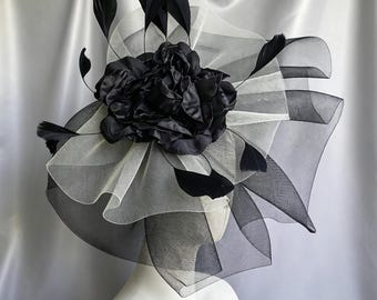 Monochrome Statement Fascinator, Oversized Black and White Derby Hat, Royal Ascot Ladies Day Hat, Flower Wedding Guest Hairpiece