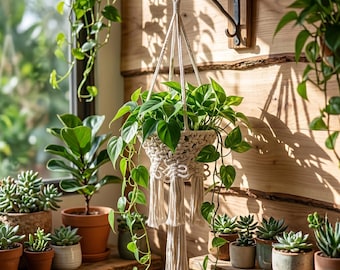Maceta colgante de pared tejida con cuerda de algodón hecha a mano, estilo bohemio, decoración para el hogar y el jardín.