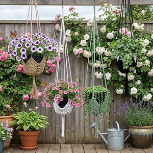 Multi-colored crocheted plant hanging basket, woven hanging basket specifically for flower pots, modern bohemian style home décor.