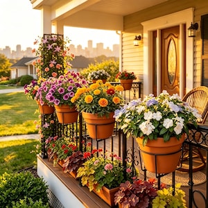May include: A porch adorned with vibrant potted flowers in full bloom. The flowers are in terracotta pots and window boxes, displaying a range of colours such as purple, yellow, red, and white. A city skyline is visible in the background.