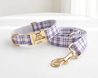 Personalized Plaid Dog Collar and Leash Set, Engraved Buckle Dog ID Tag
