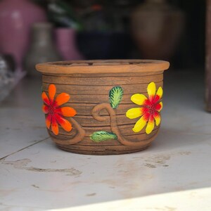 Hand-Painted Floral Terracotta Planter | Rustic Clay Flower Pot, Indoor Outdoor Garden Decor