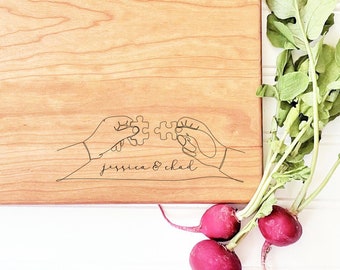 Personalized Cutting Board with Line Drawn Puzzle Pieces and Couples Names, Wedding Anniversary and Engagement Gift, Milk & Honey ®