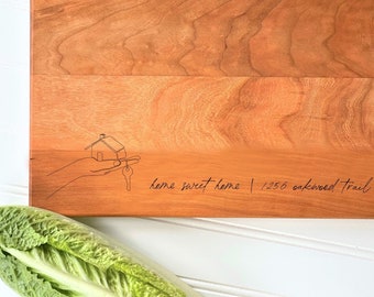 Personalized Address Cutting Board with Line Drawing House and Key. Custom New Home Gift from Realtor, Real Estate Closing Gift.