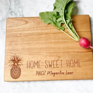 Real Estate Closing Gift, Home Sweet Home Cutting Board. Pineapple and Custom Address, New Home Gift for real estate client present.