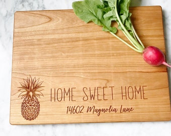 Real Estate Closing Gift, Home Sweet Home Cutting Board. Pineapple and Custom Address, New Home Gift for real estate client present.