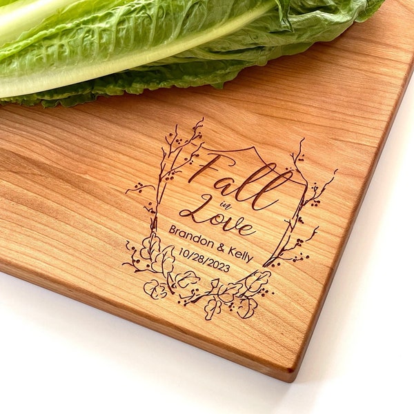 Personalized Fall in Love Cutting Board, Autumn Wedding Gift, Fall Bridal Shower Present, Charcuterie Board w/ Fall Leaves Engagement Gift