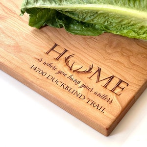 Home is Where you Hang Your Antlers. Personalized Cutting Board with Home Address for Rustic Kitchen Decor, Christmas Gift for Deer Hunters Cherry