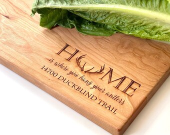 Home is Where you Hang Your Antlers. Personalized Cutting Board with Home Address for Rustic Kitchen Decor, Christmas Gift for Deer Hunters