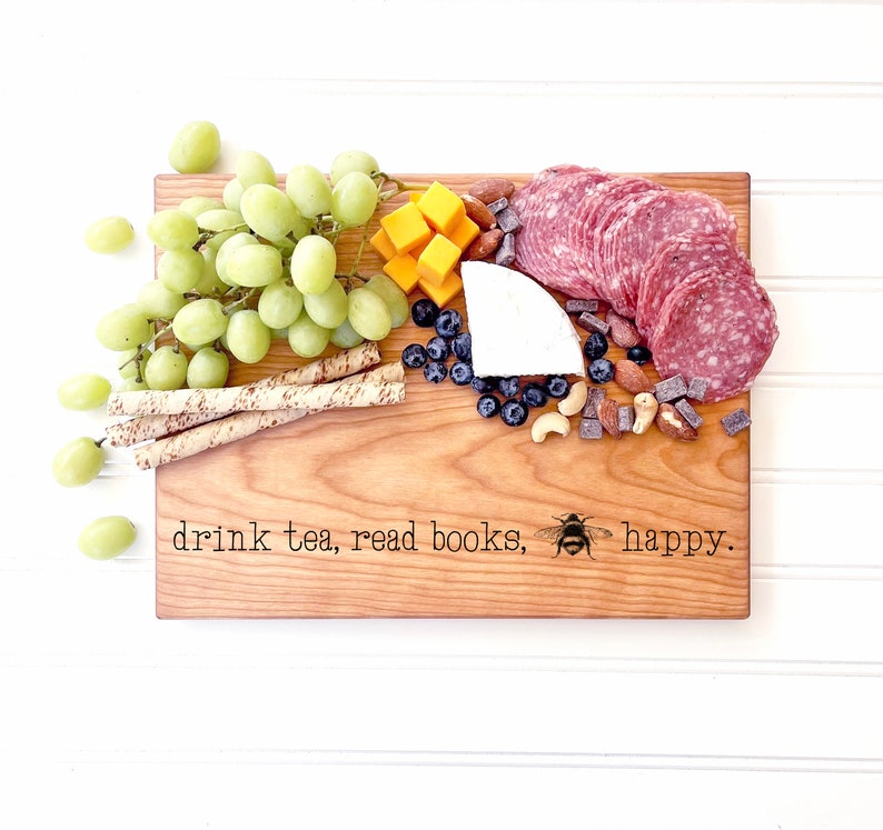 Drink Tea, Read Books, Be Happy. Cutting Board engraved with BEE Happy. Tea Lover Gift Idea, Charcuterie Board Kitchen Sign, Milk & Honey ® image 3