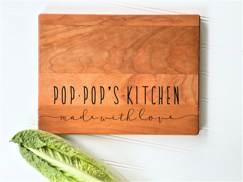 Pop Pop's Kitchen, Made with Love. Personalized Gifts for Pop Pop. Grandfather Gifts, Father's Day Cutting Board by Milk & Honey ® image 1