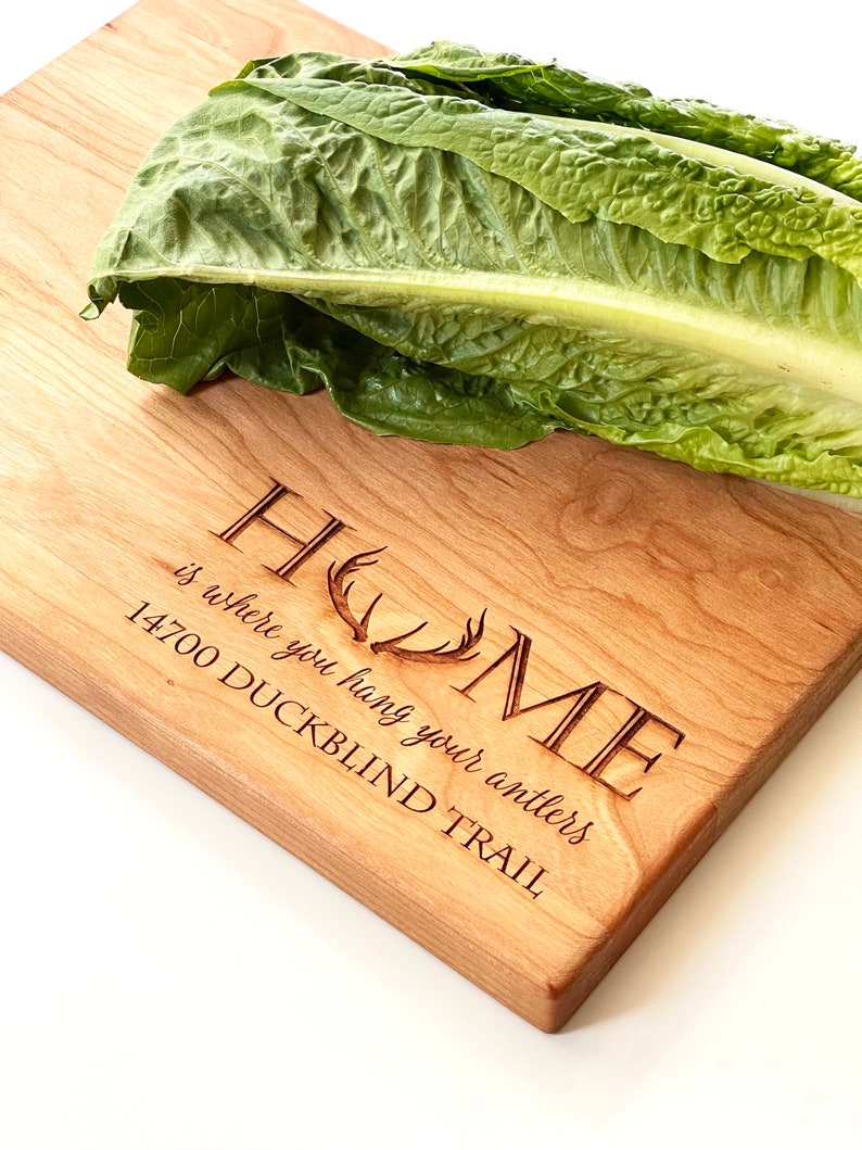 Home is Where you Hang Your Antlers. Personalized Cutting Board with Home Address for Rustic Kitchen Decor, Christmas Gift for Deer Hunters image 5