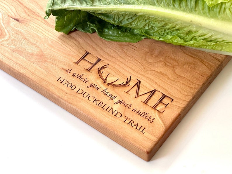 Home is Where you Hang Your Antlers. Personalized Cutting Board with Home Address for Rustic Kitchen Decor, Christmas Gift for Deer Hunters Cherry