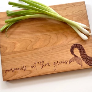 Mermaid Gifts, Engraved Cutting Board, Mermaids Eat Their Greens. Healthy Living Quote and Mermaid Tail. By Milk & Honey ® image 4